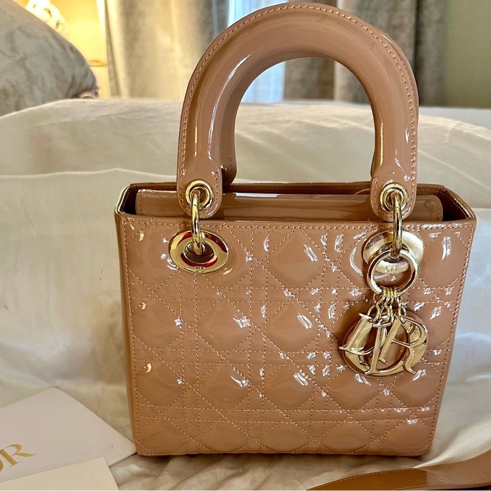 Beige Patent Leather Lady Dior Cannage Medium Bag *has not been authenticated*